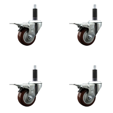 Service Caster 3'' SS Maroon Poly Swivel 1'' Expanding Stem Caster Set Total Lock Brake, 4PK SCC-SSEXTTL20S314-PPUB-MRN-1-4
